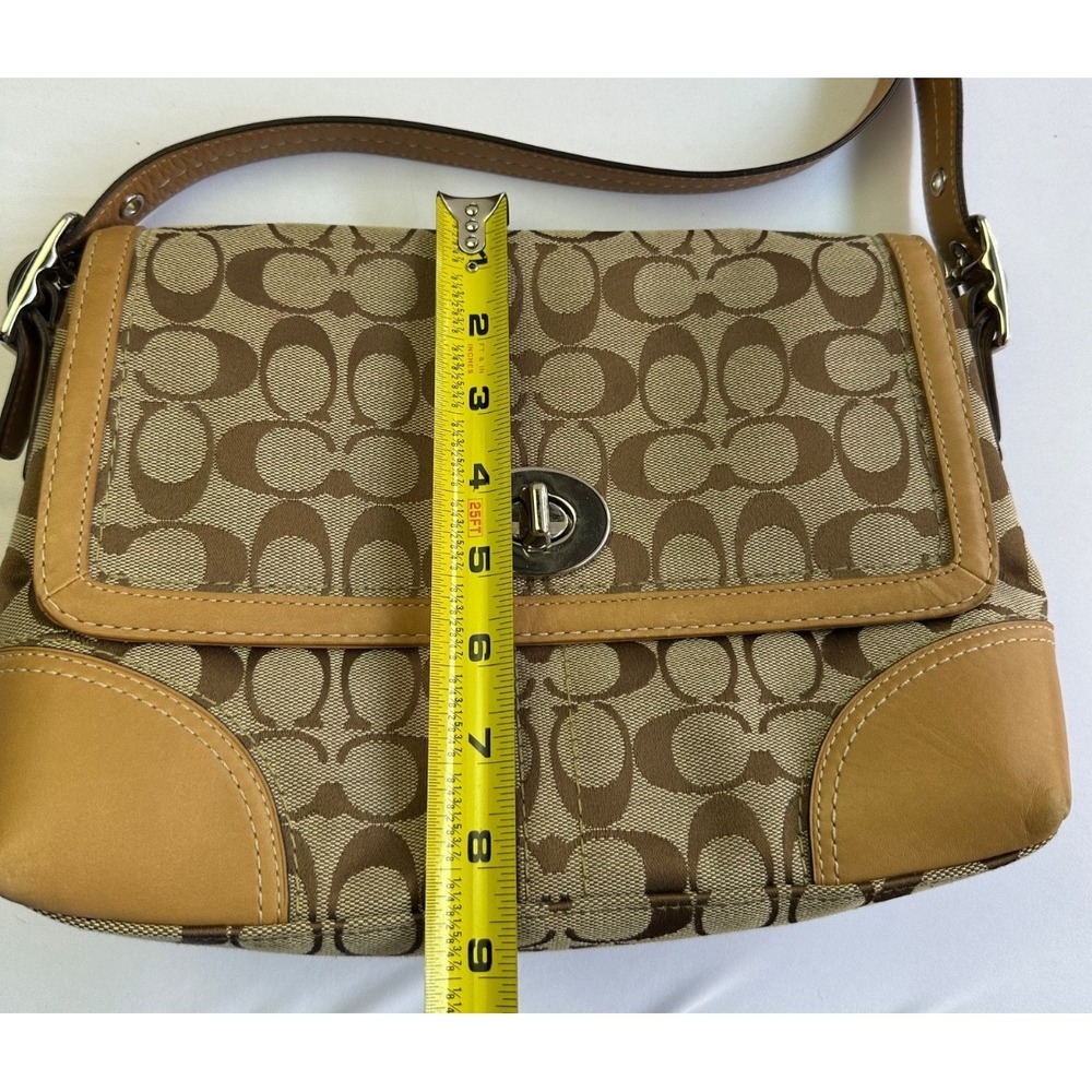 Coach F13066 Hamptons Turnlock Flap Brown Signature Leather Shoulder Bag Y2K - Picture 12 of 16